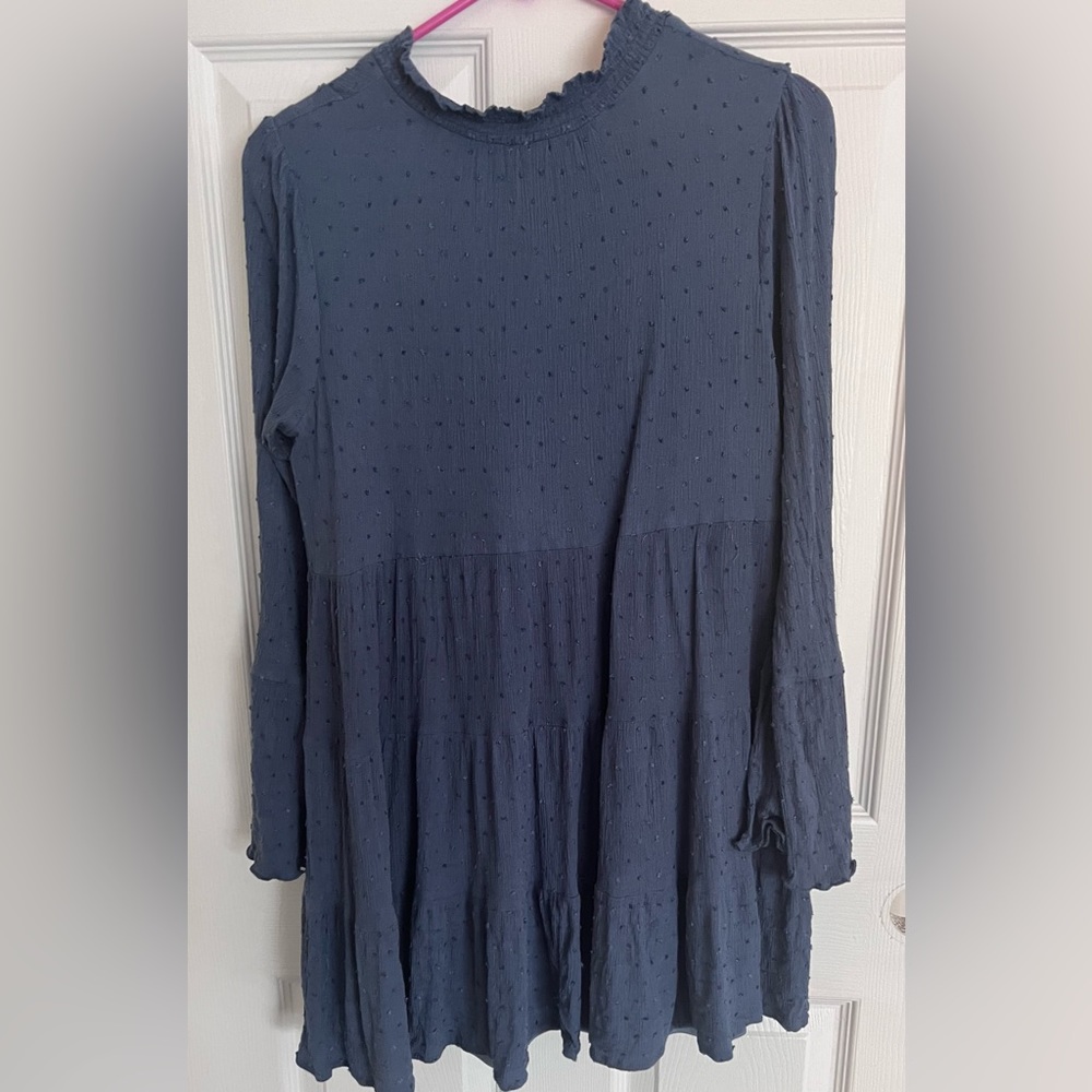 Muted blue high neck knee length flowy dress with textured Poms smocked
